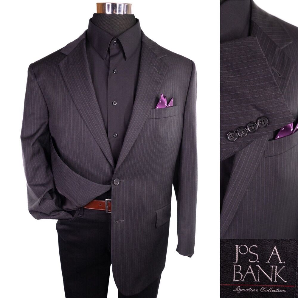 JOS A BANK Mens 44R Gray Striped Wool  Two Button Sport Blazer/Suit Jacket